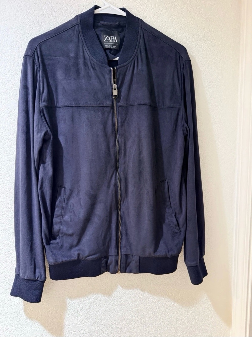 ZARA Men’s Faux Suede Bomber Jacket Navy Blue Full Zip Size M